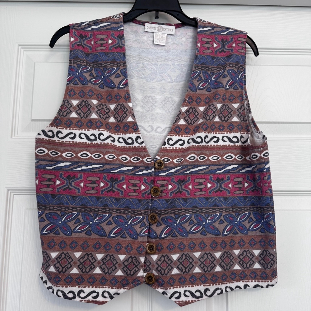 Vintage Women's Cape Isle Knitters Vest Size L Brown Blue Patterned